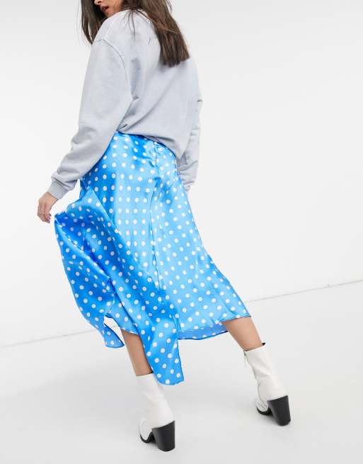 ASOS DESIGN asymmetric high shine midaxi skirt in blue spot print, 3 of 4