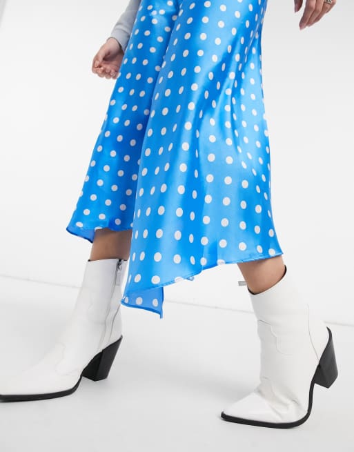 ASOS DESIGN asymmetric high shine midaxi skirt in blue spot print, 4 of 4