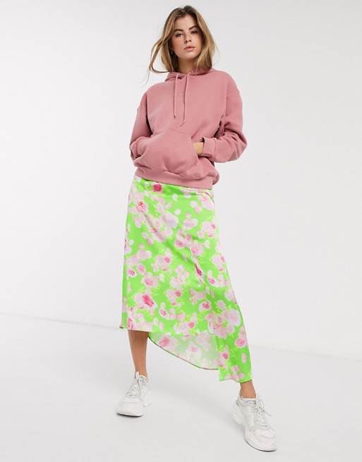 ASOS DESIGN asymmetric high shine satin midi skirt in green floral print