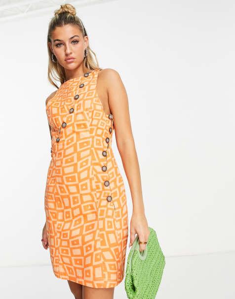 ASOS DESIGN asymmetric horn button twill mini dress in chequer board print - view 1