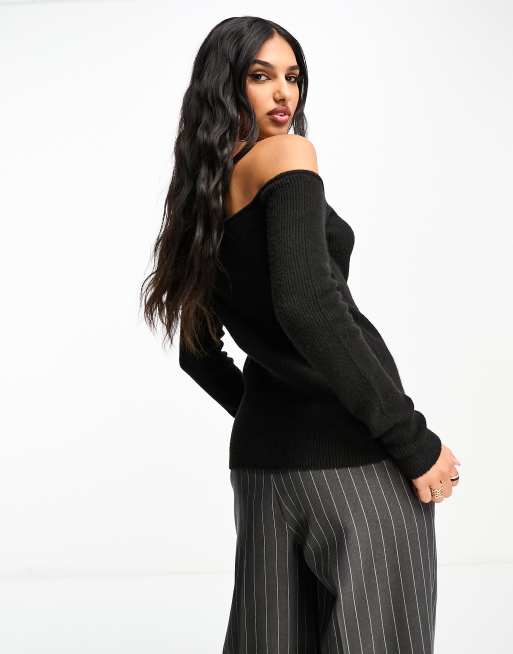 ASOS DESIGN asymmetric jumper with button through detail in black