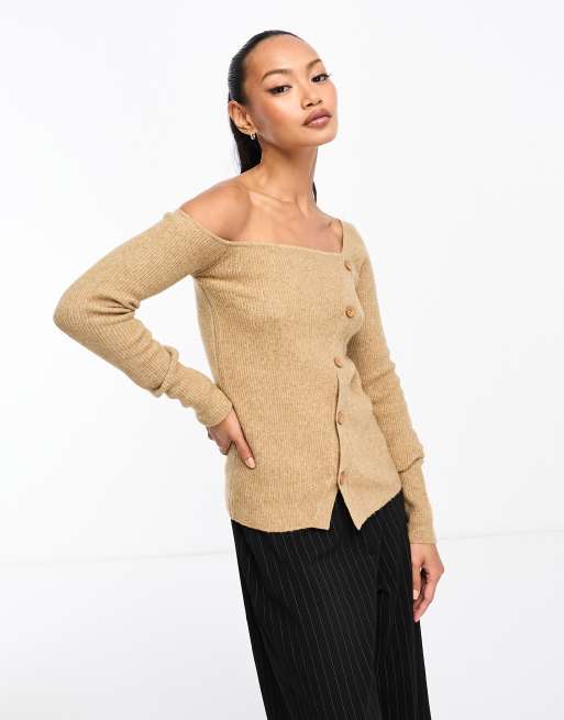 ASOS DESIGN asymmetric jumper with button through detail in camel