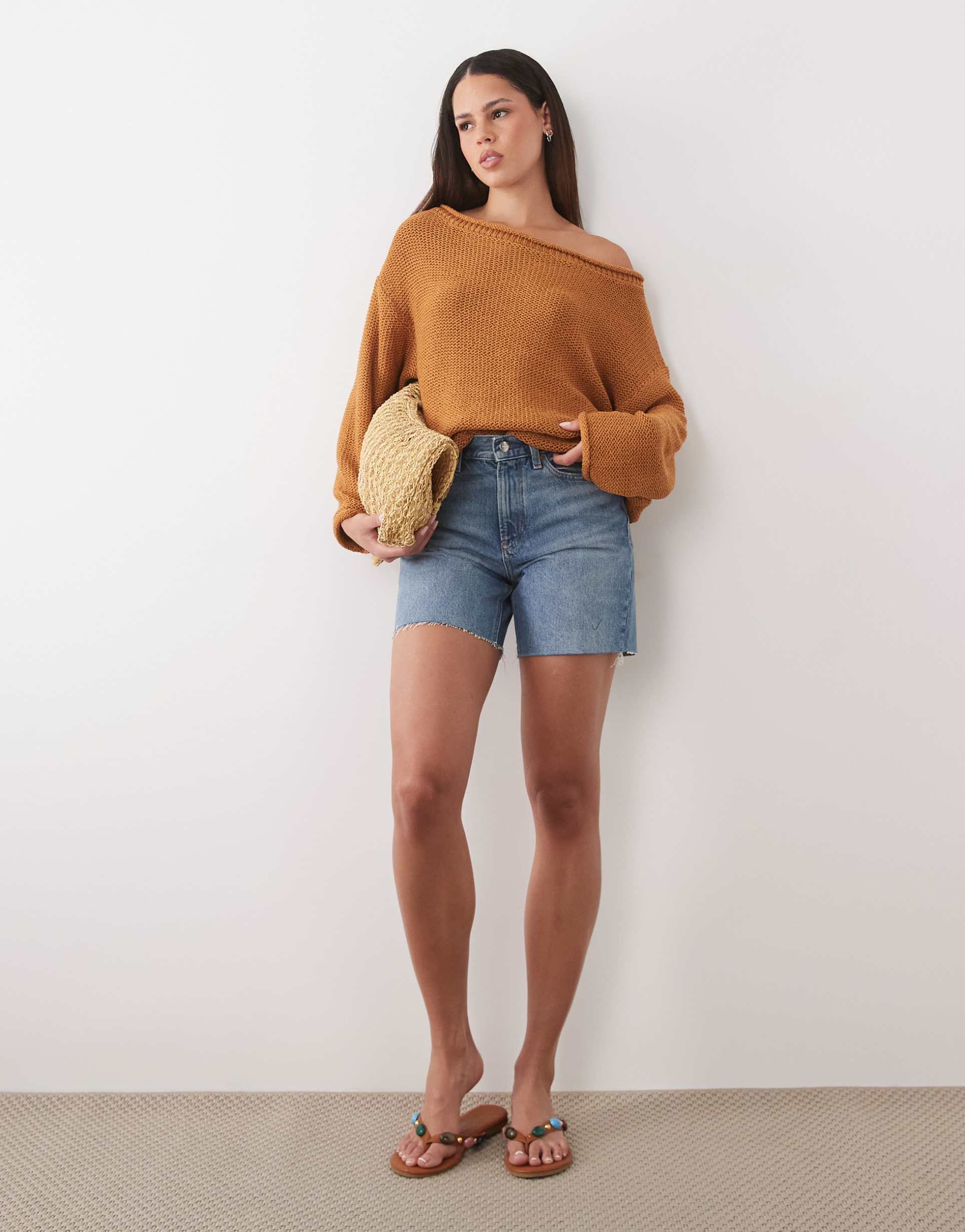 asos design asymmetric knit sweater in toffee