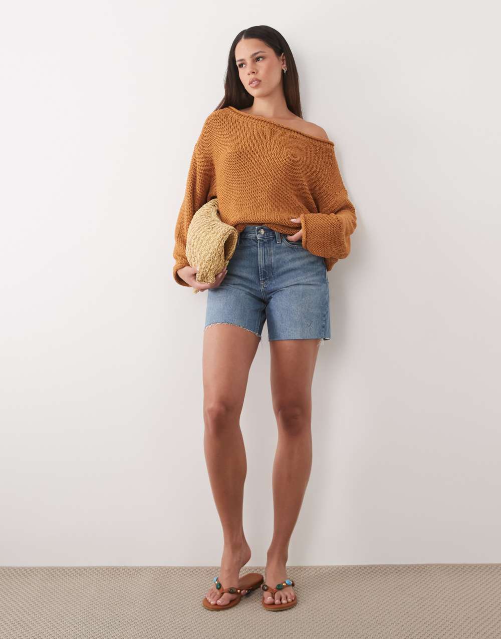 ASOS DESIGN asymmetric knitted jumper in toffee