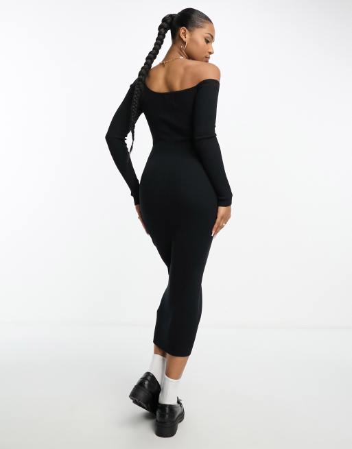 ASOS DESIGN asymmetric knitted maxi dress with button detail in black, 2 of 4