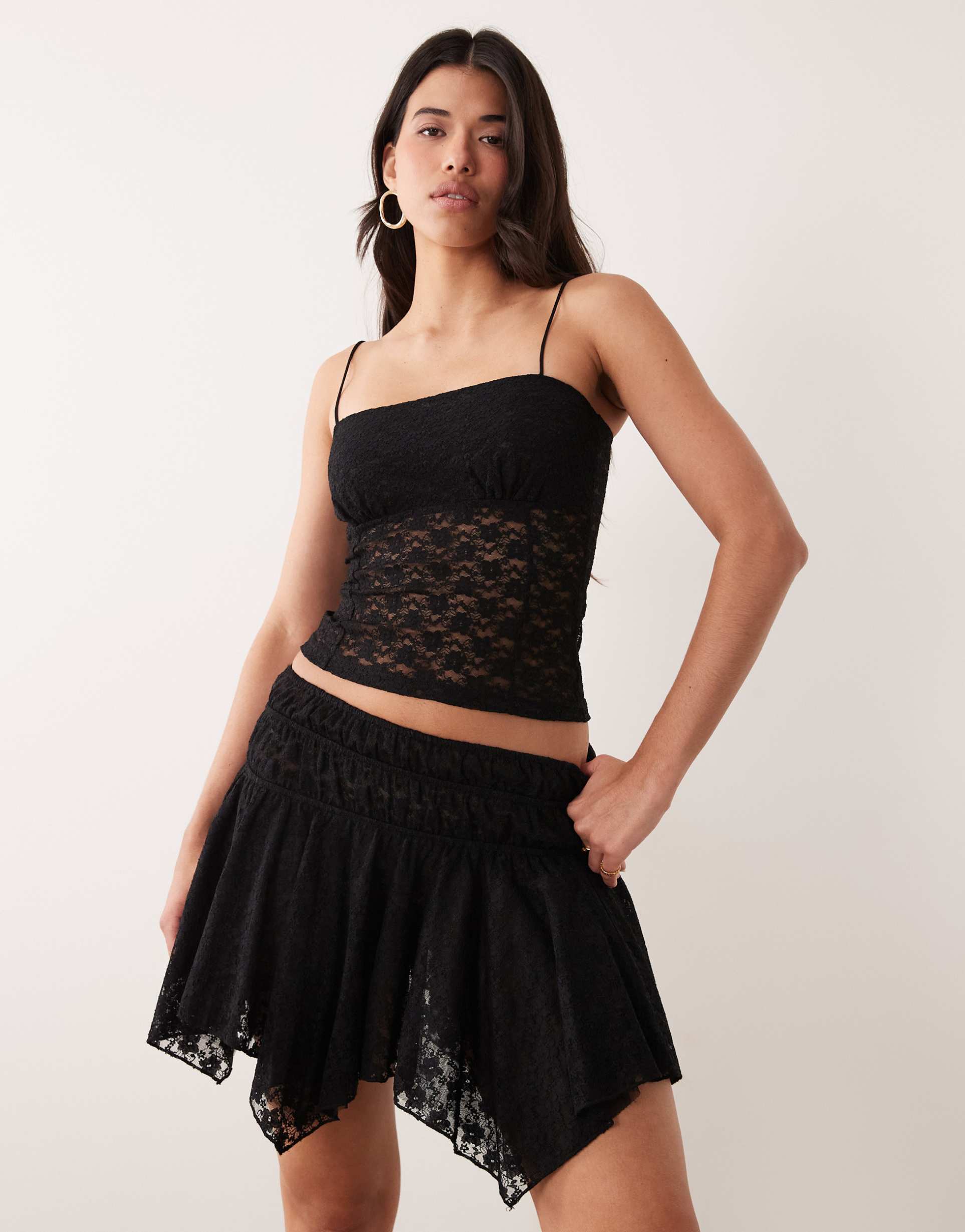 asos design asymmetric lace layered mini skirt in black