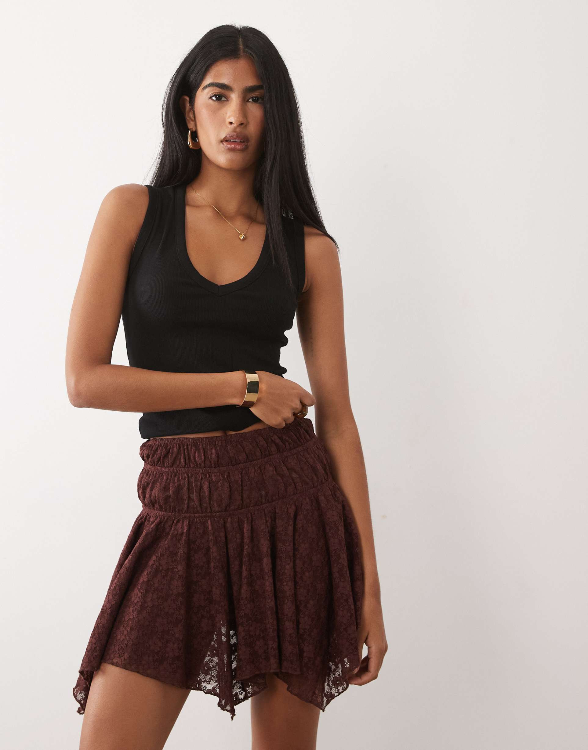 asos design asymmetric lace layered mini skirt in chocolate