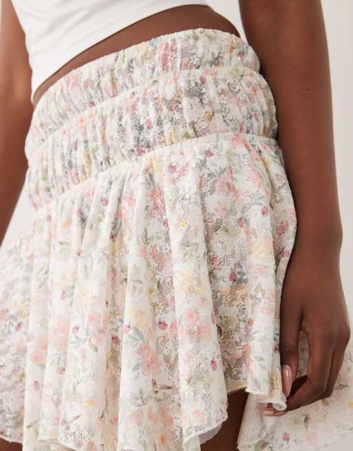 ASOS DESIGN asymmetric lace layered mini skirt in pink floral, 3 of 5