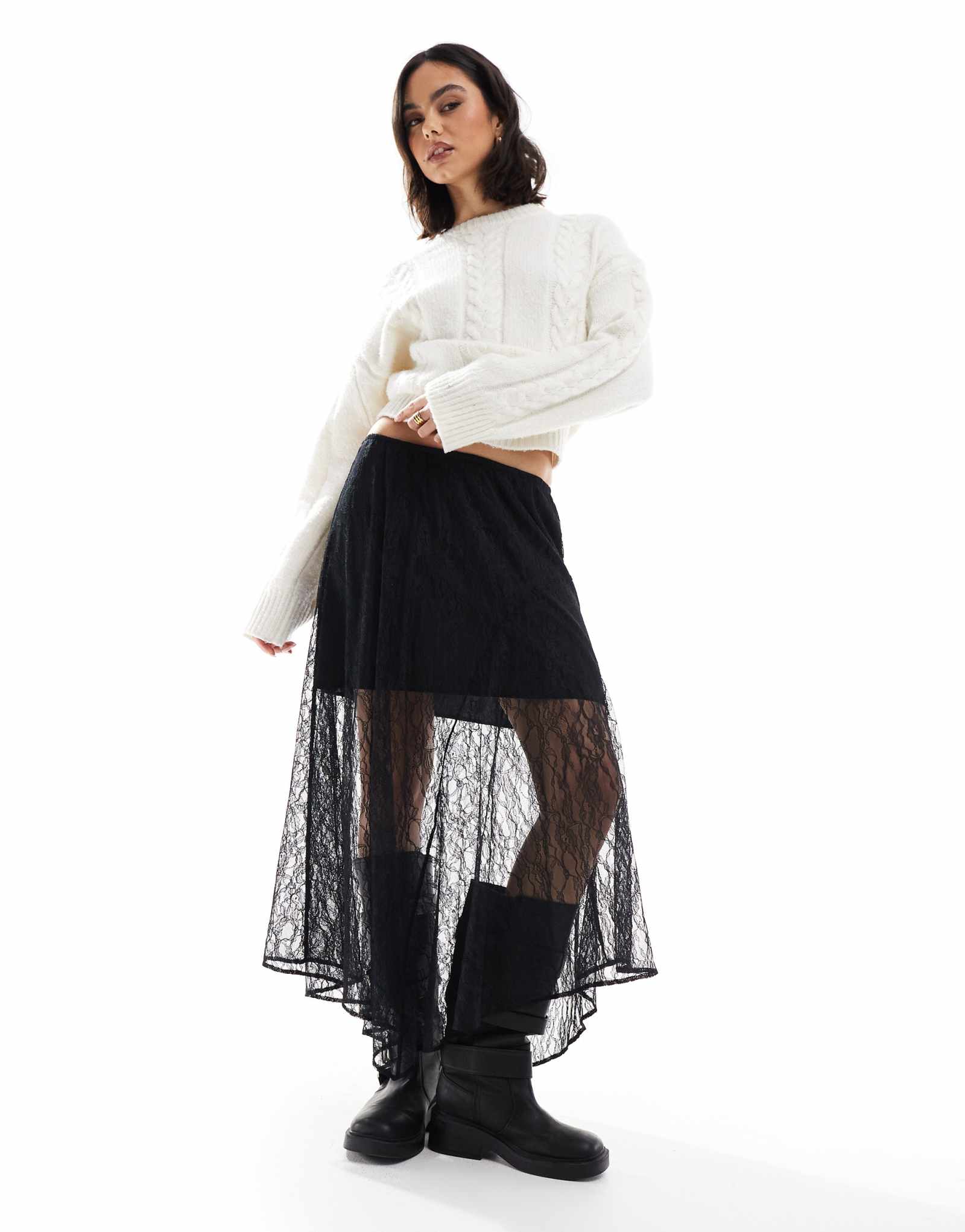 Асимметричная юбка миди с кружевным верхом от ASOS DESIGN черного цвета