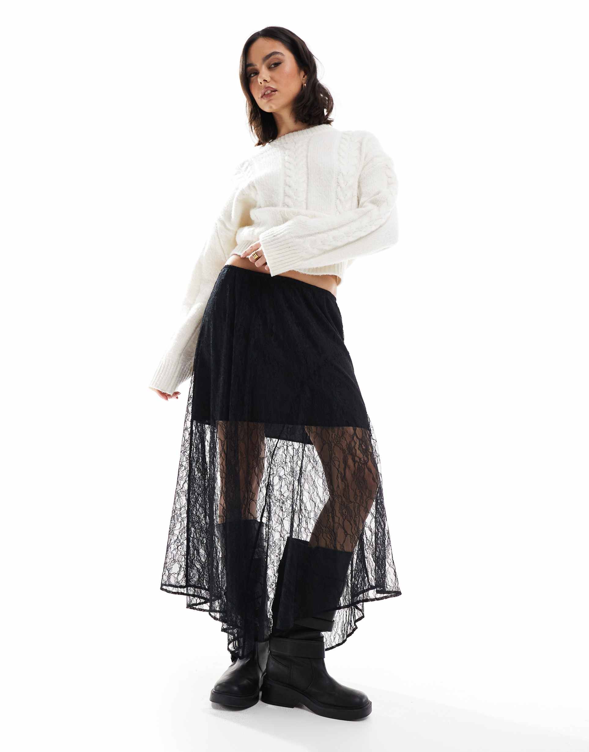 asos design asymmetric lace overlay midi skirt in black