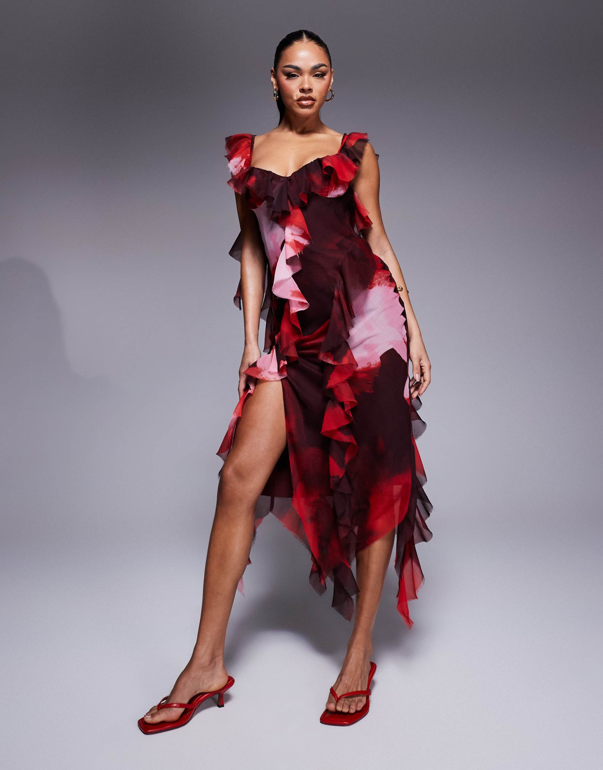 asos design asymmetric layered midi dress with tie neck in abstract print