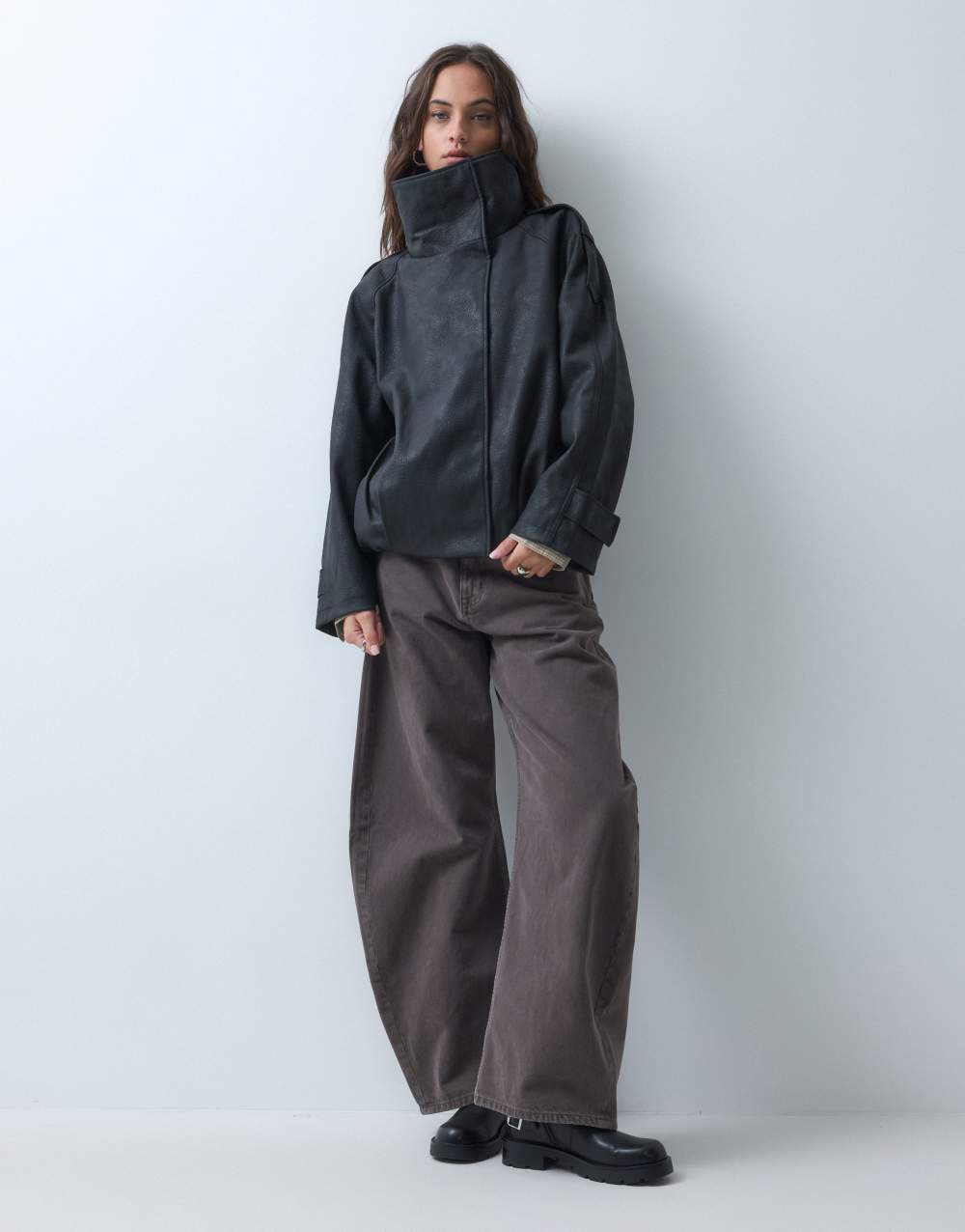 ASOS DESIGN asymmetric leather look funnel bomber jacket in black