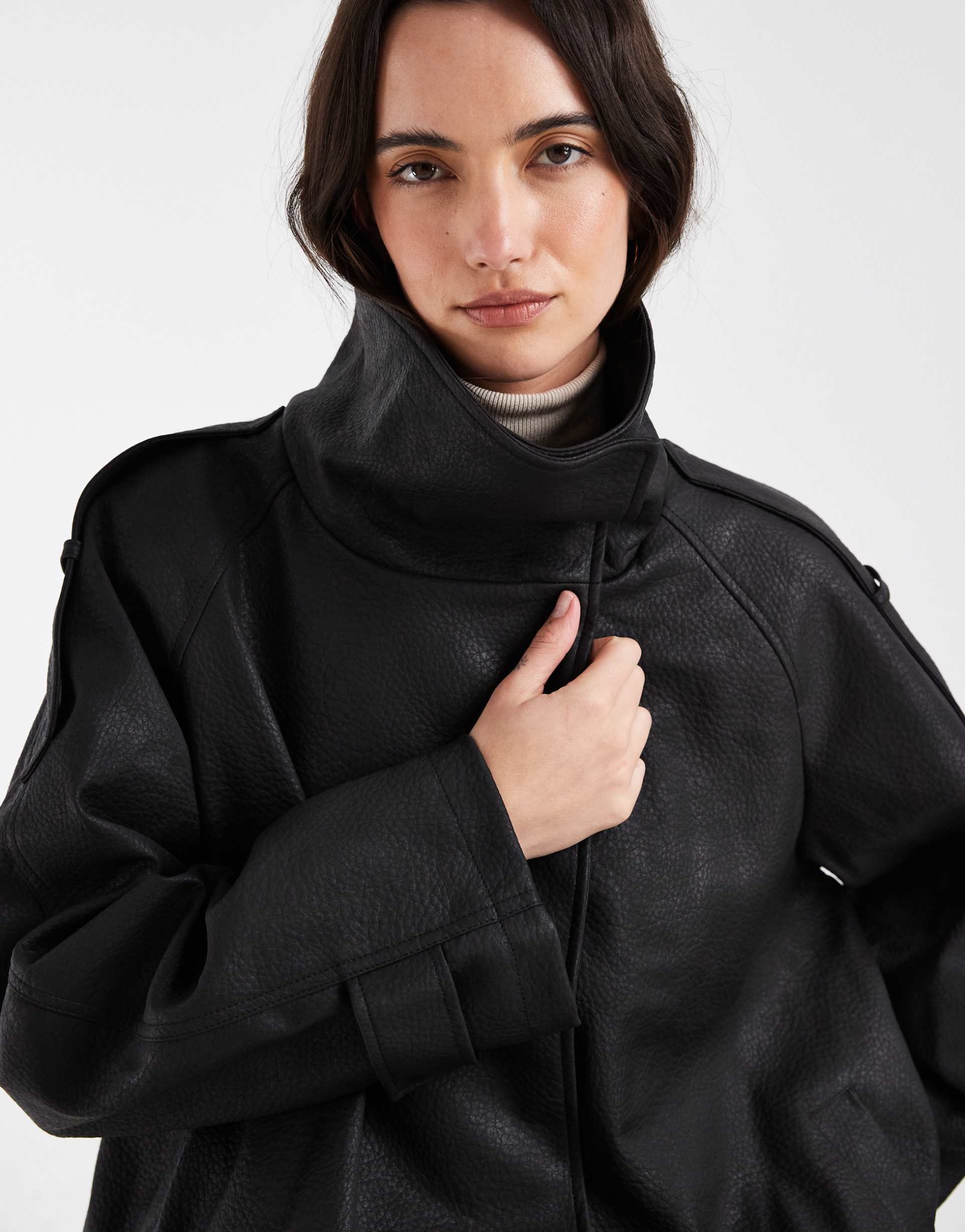 asos design asymmetric leather look funnel bomber jacket in black