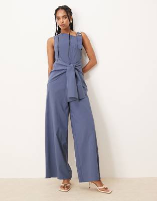 Asos Design Asymmetric Liquid Gold Tone Strap Detail Jumpsuit With Wrap Over