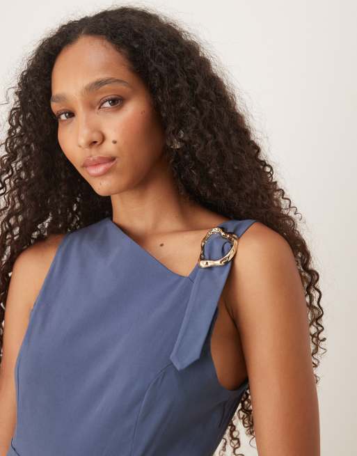 ASOS DESIGN asymmetric liquid gold tone strap detail jumpsuit with wrap over in navy, 2 of 4