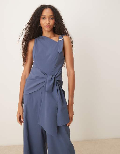 ASOS DESIGN asymmetric liquid gold tone strap detail jumpsuit with wrap over in navy, 4 of 4