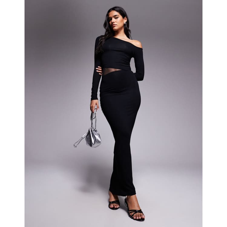 ASOS DESIGN asymmetric long sleeve midi dress with mesh panel waist in  black | ASOS
