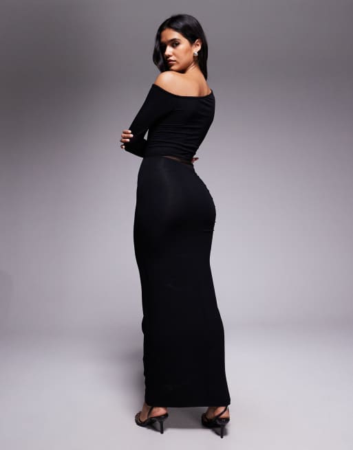 ASOS DESIGN asymmetric long sleeve midi dress with mesh panel waist in black