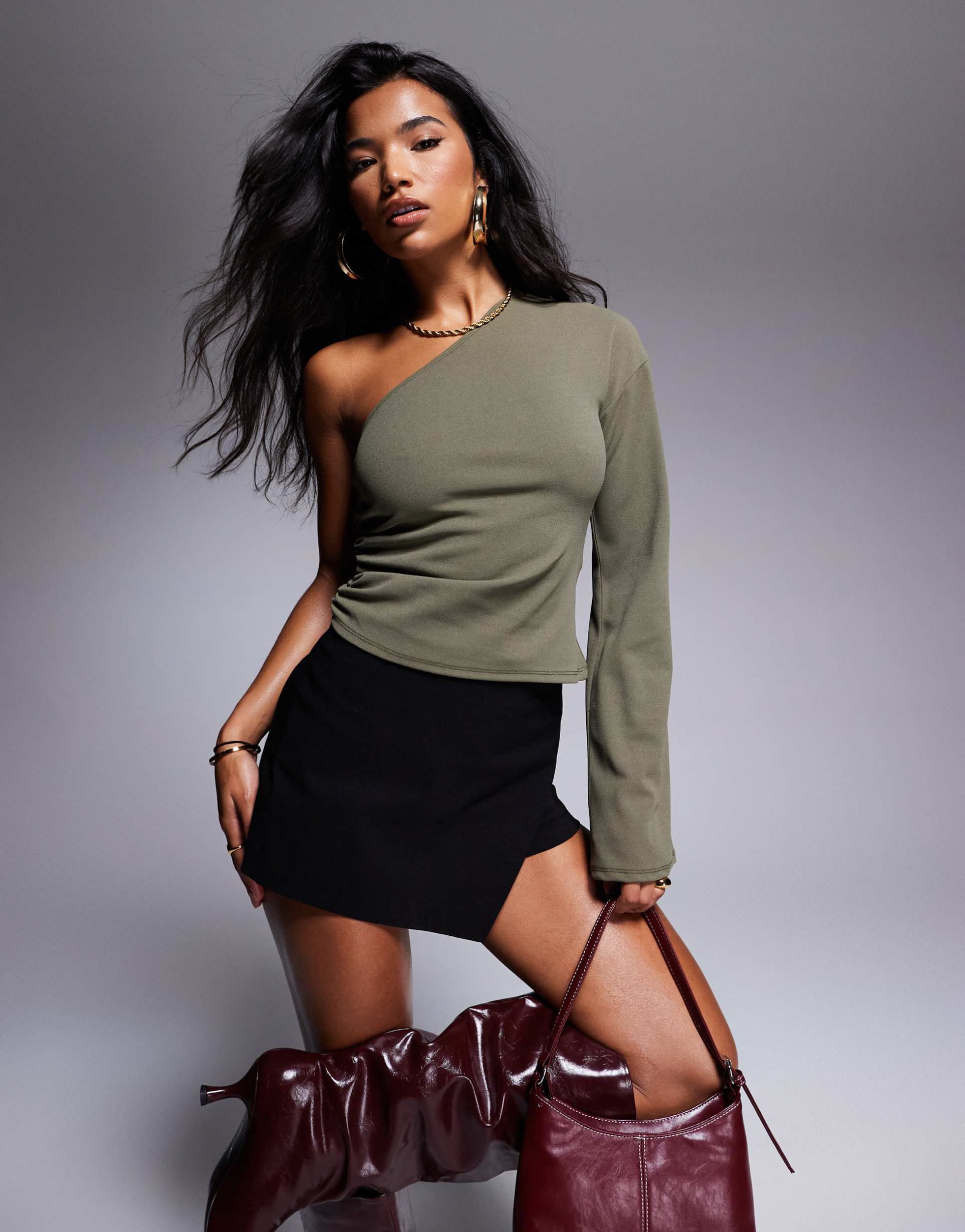 asos design asymmetric long sleeve one shoulder ruched side top in khaki