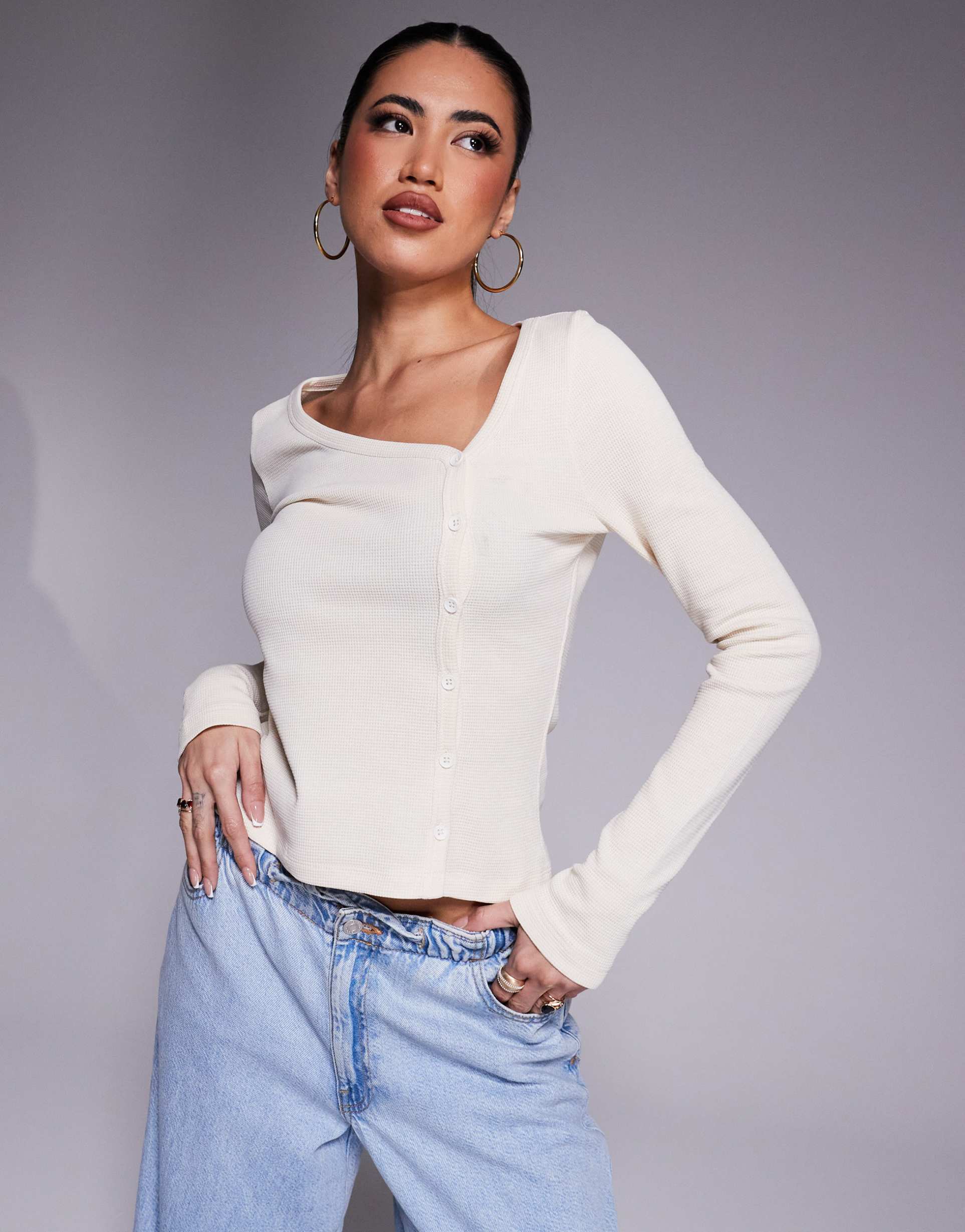 asos design asymmetric long sleeve waffle cardigan in cream