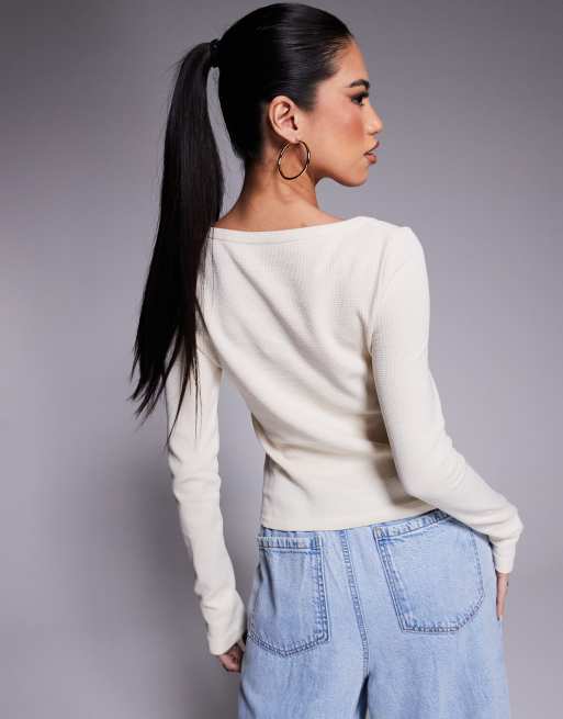 ASOS DESIGN asymmetric long sleeve waffle cardigan in cream