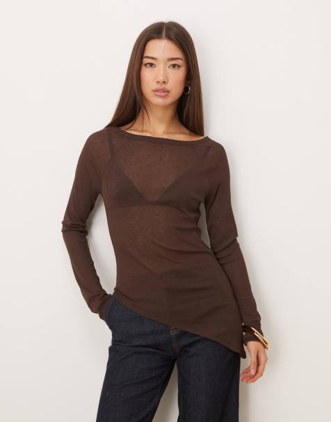 ASOS DESIGN asymmetric longline boat neck top in chocolate brown - view 1