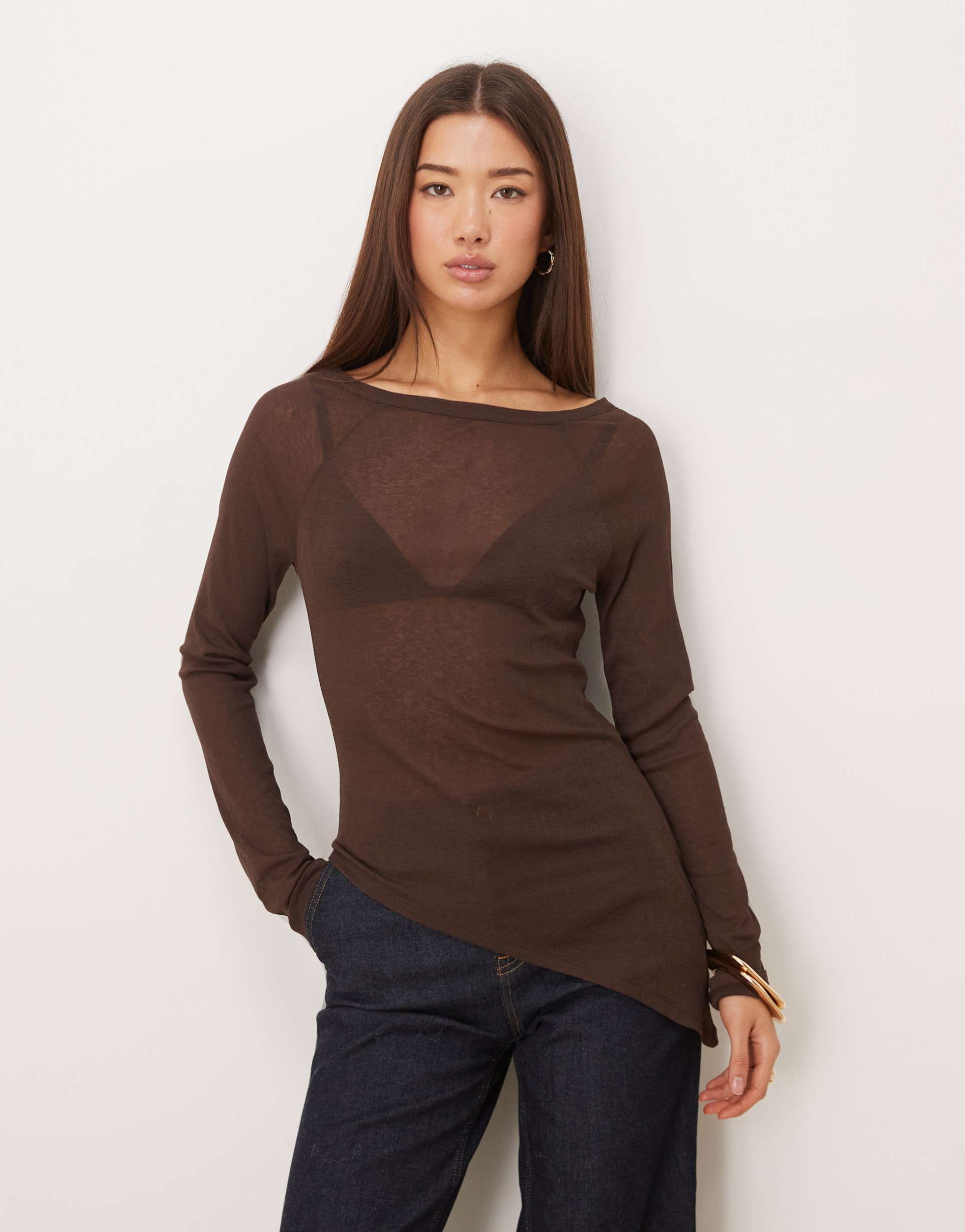 asos design asymmetric longline boat neck top in chocolate brown