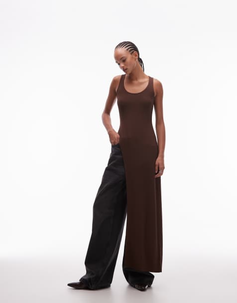 ASOS DESIGN asymmetric longline scoop neck tank top in chocolate - view 1