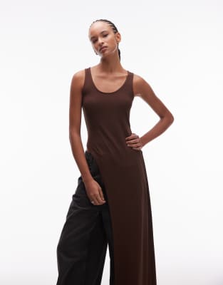 Asos Design Asymmetric Longline Scoop Neck Tank Top In Brown