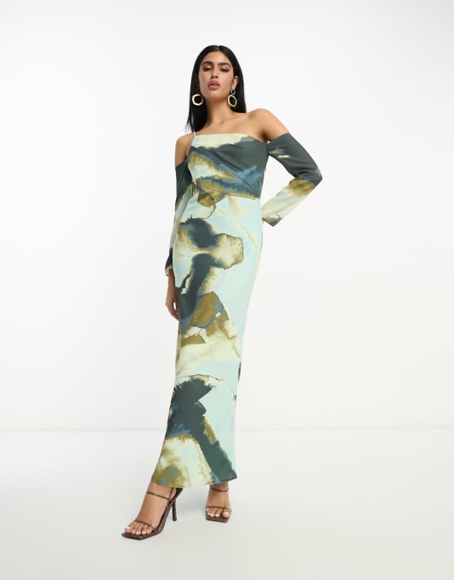 ASOS DESIGN asymmetric maxi dress with cold shoulder detail in burnout print