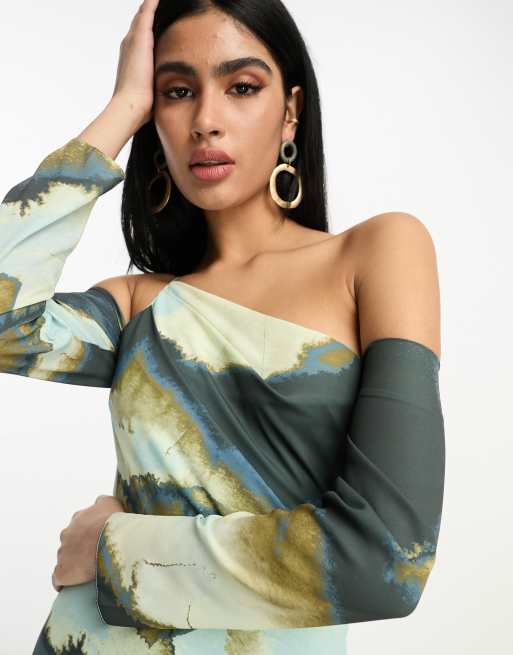 ASOS DESIGN asymmetric maxi dress with cold shoulder detail in burnout print, 2 of 4