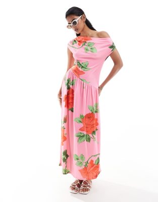 ASOS DESIGN asymmetric maxi dress with dropped waist in pink rose print-Multi