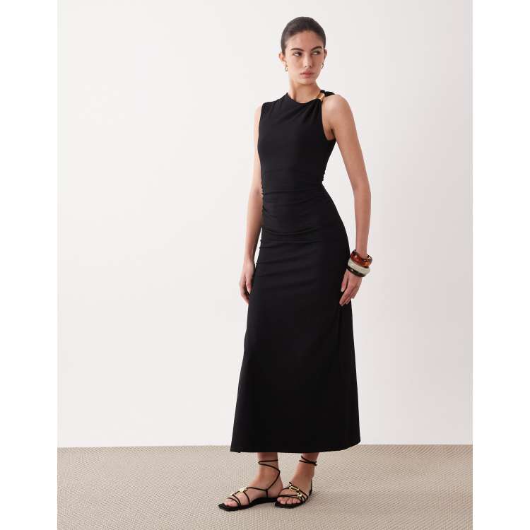 ASOS DESIGN asymmetric maxi dress with gold hardware detail in black | ASOS