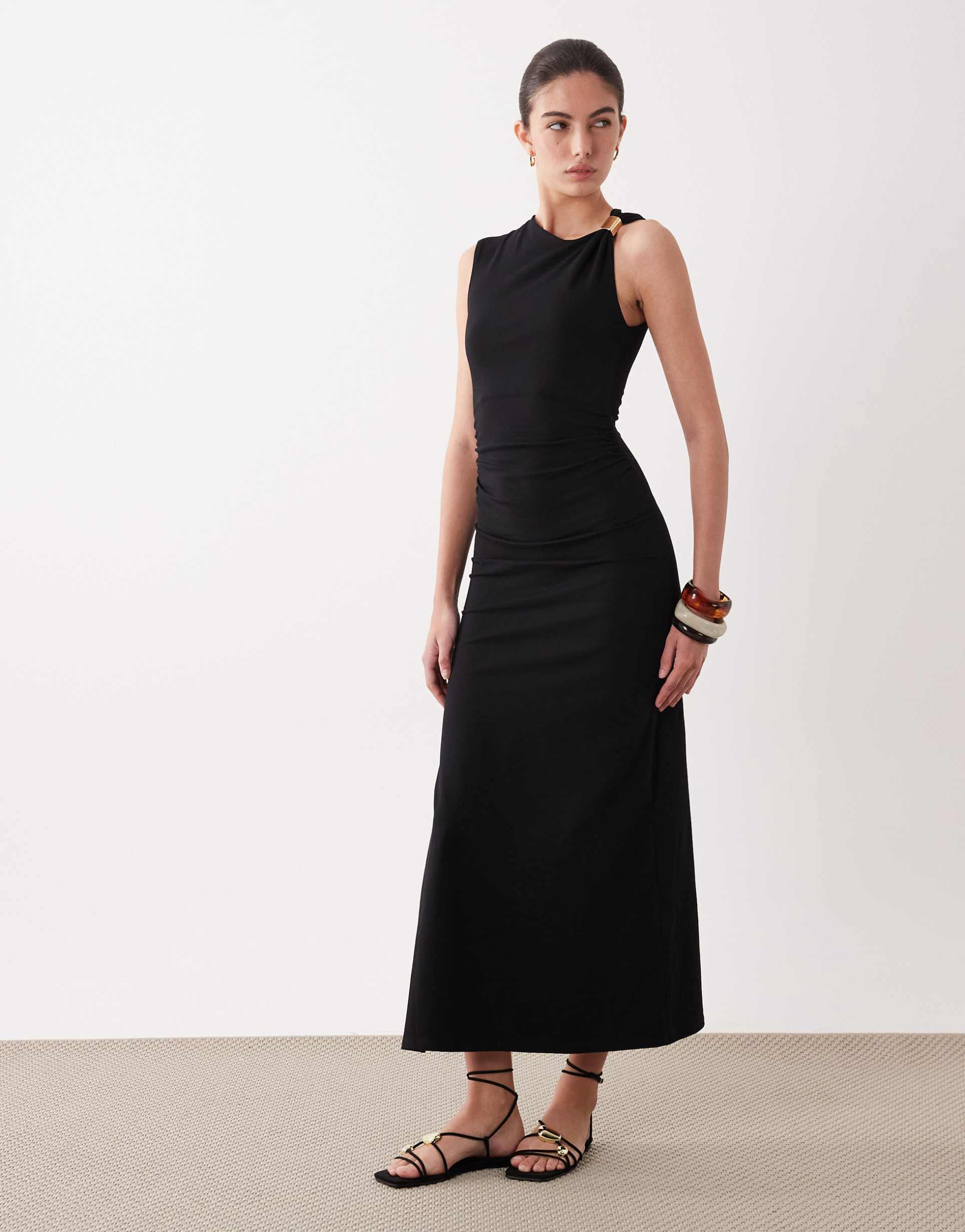 asos design asymmetric maxi dress with gold hardware detail in black