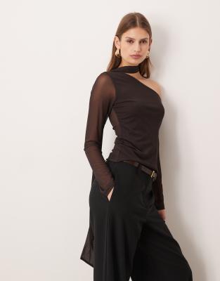 Asos Design Asymmetric Mesh Top With Scarf Detail In Multi