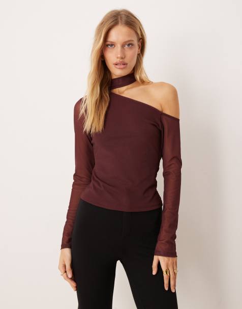 ASOS DESIGN asymmetric mesh top with scarf detail in burgundy