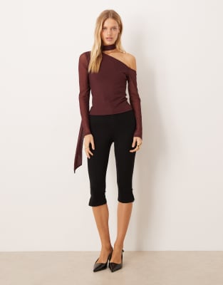 Asos Design Asymmetric Mesh Top With Scarf Detail In Red