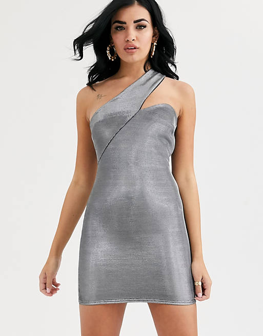 ASOS DESIGN asymmetric metallic one shoulder mini dress