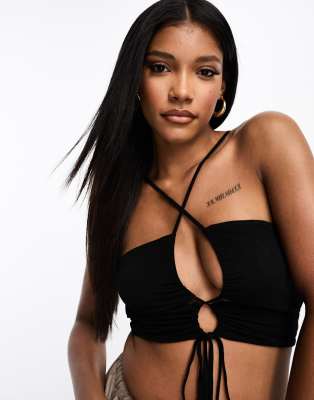 Asos Design Asymmetric Micro Strap Lace-up Crop Top In Black