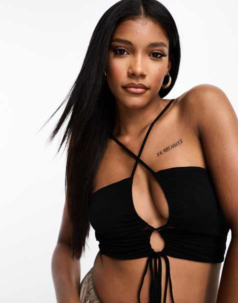 ASOS DESIGN asymmetric micro strap lace-up crop top in black - view 1