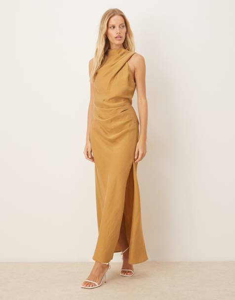 ASOS DESIGN asymmetric midaxi dress with split detail in ochre - view 1
