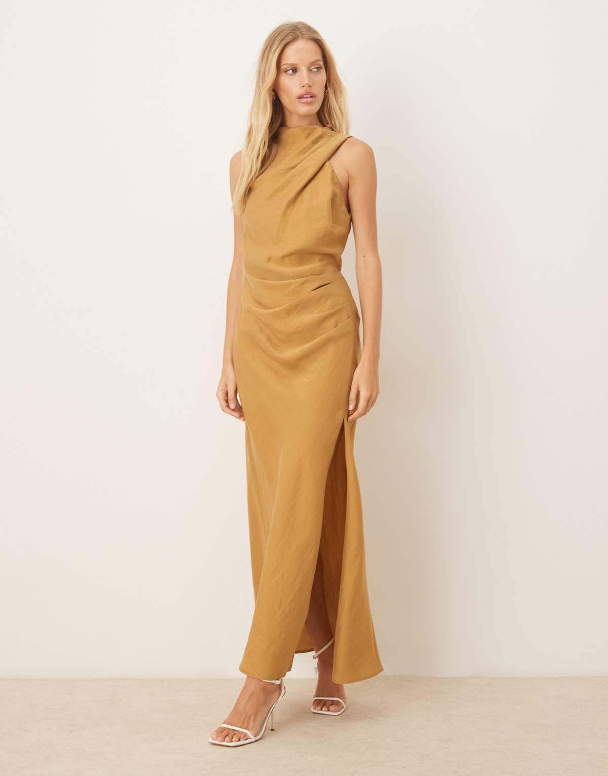 ASOS DESIGN asymmetric midaxi dress with split detail in ochre