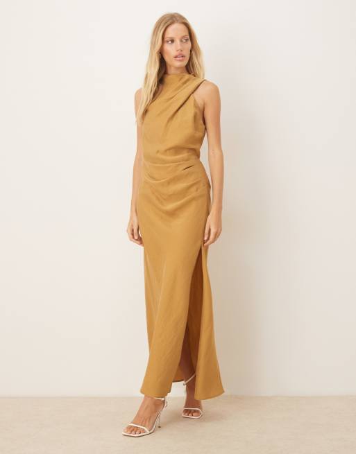 ASOS DESIGN asymmetric midaxi dress with split detail in ochre