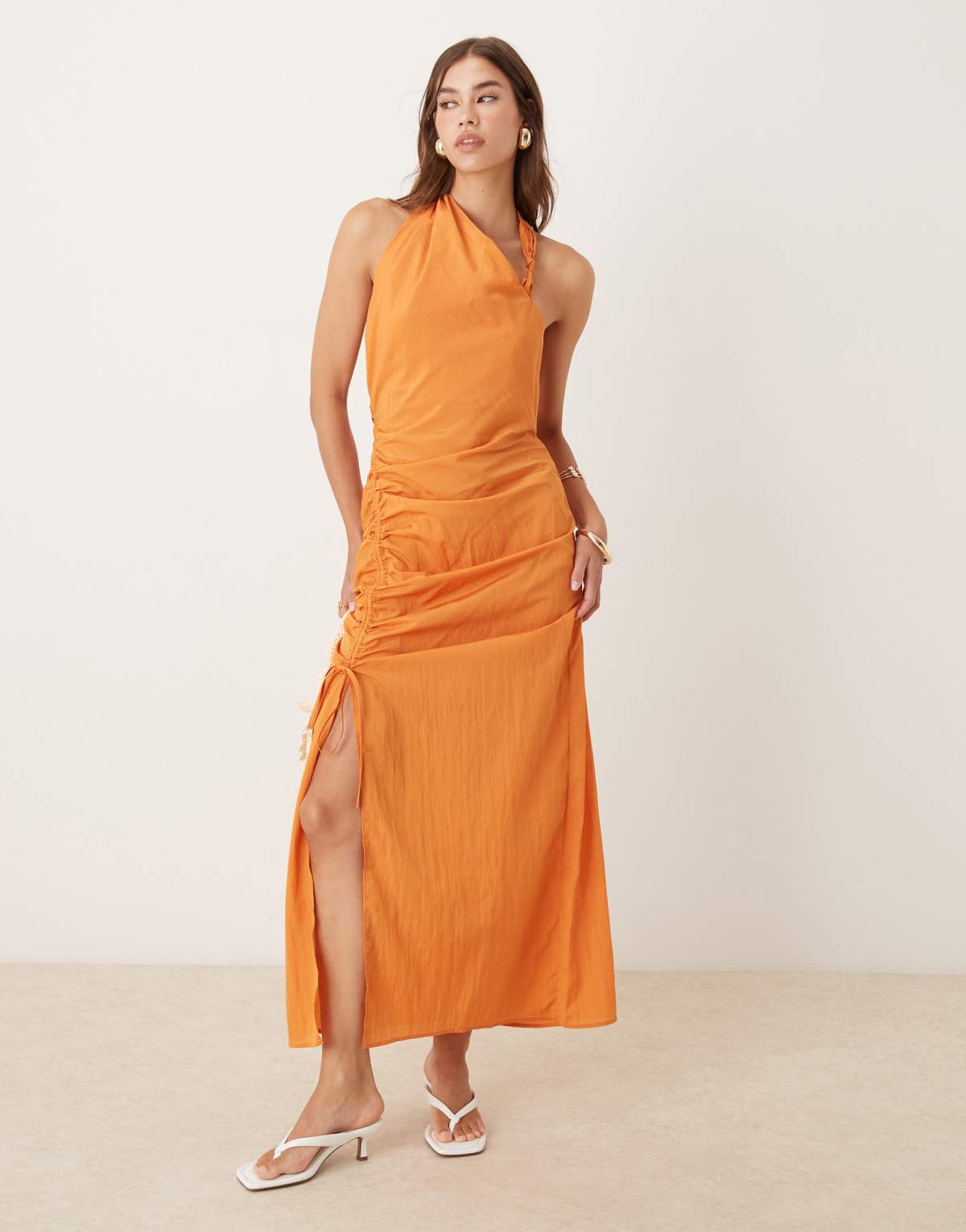 ASOS DESIGN asymmetric midi dress with ruched side channel in tbc