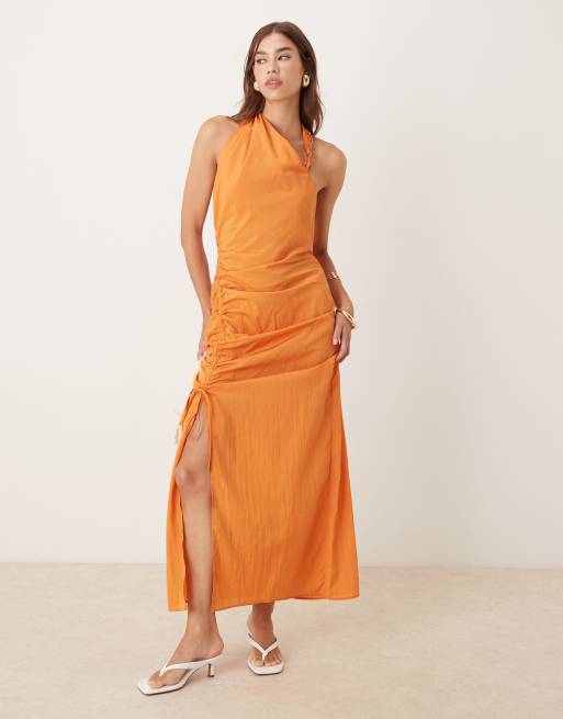 ASOS DESIGN asymmetric midi dress with ruched side channel in tbc