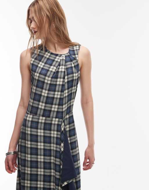 ASOS DESIGN asymmetric midi dress with twist detail in blue check, 2 of 4