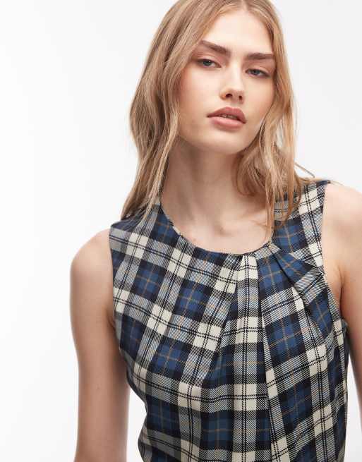 ASOS DESIGN asymmetric midi dress with twist detail in blue check, 3 of 4