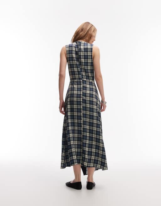 ASOS DESIGN asymmetric midi dress with twist detail in blue check, 4 of 4