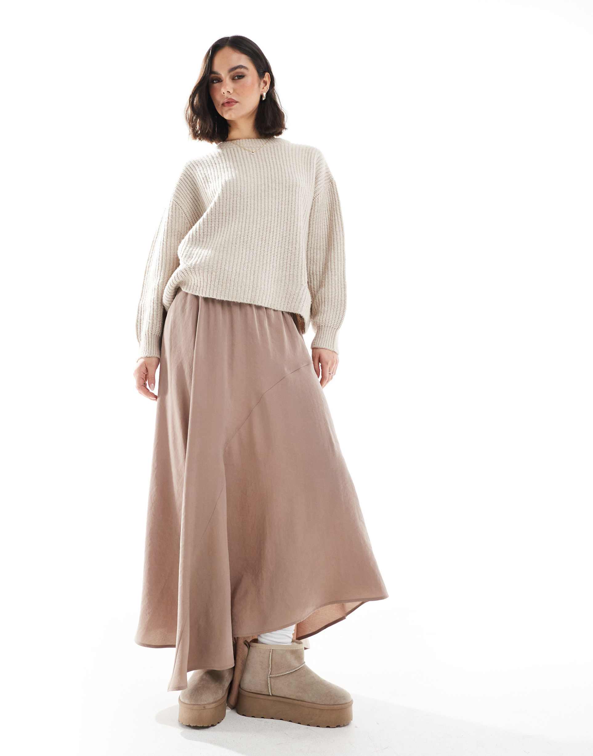 asos design asymmetric midi skirt in cupro in brown