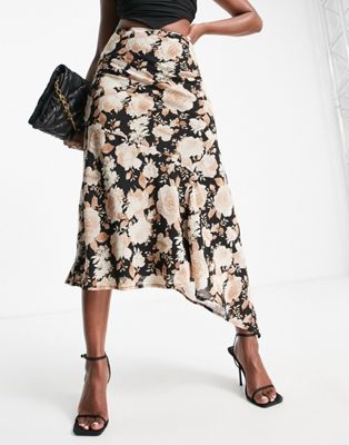 ASOS DESIGN asymmetric midi skirt in dark floral  - ASOS Price Checker